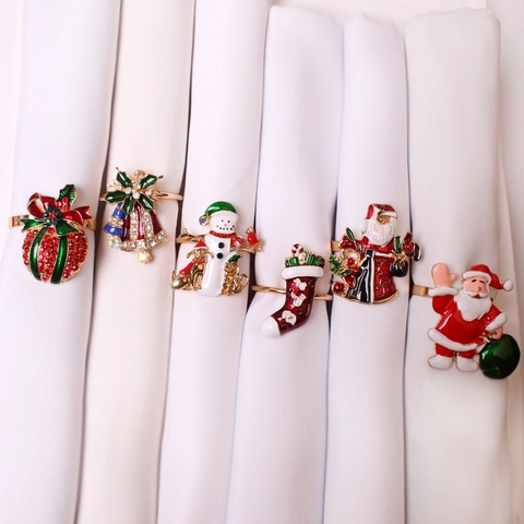 Servilleteros de Navidad Aleación Esmalte Papá Noel Reno Copo de Nieve Árbol de Navidad Hebillas de Servilleta para Fiesta Comedor Hogar