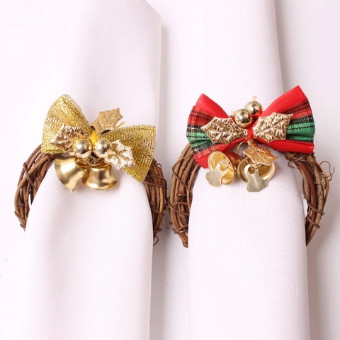 Christmas Rattan Wreath Napkin Rings With Bow And Bell For Holiday Table Decoration Festive Wreath Napkin Holder