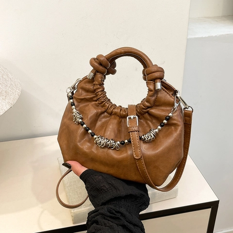Borsa a Spalla Nuvola Donna Retro Arricciata Pelle PU Designer Borsa Con Catena di Perle Grande Capacità Tracolla