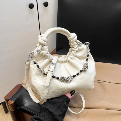 Borsa a Spalla Nuvola Donna Retro Arricciata Pelle PU Designer Borsa Con Catena di Perle Grande Capacità Tracolla