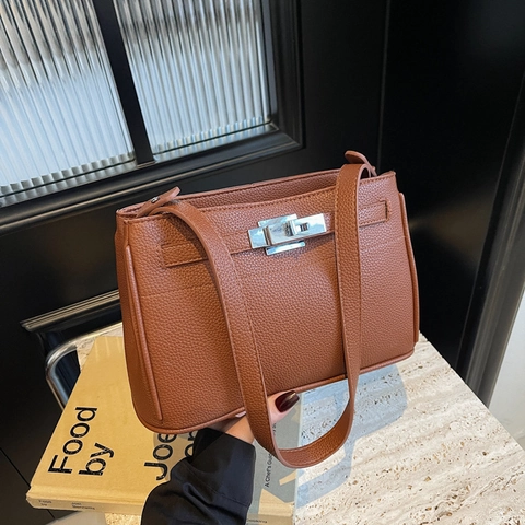 Bolso De Hombro Retro Para Mujer Cuir PU Patrón De Lichi Gran Capacidad Cierre Giratorio Bolso Elegante