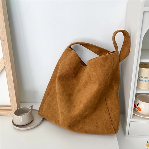 Large Capacity Woolen Suede Hobo Bag Simple Retro Solid Color Women Shoulder Tote Bag With Magnetic Buckle