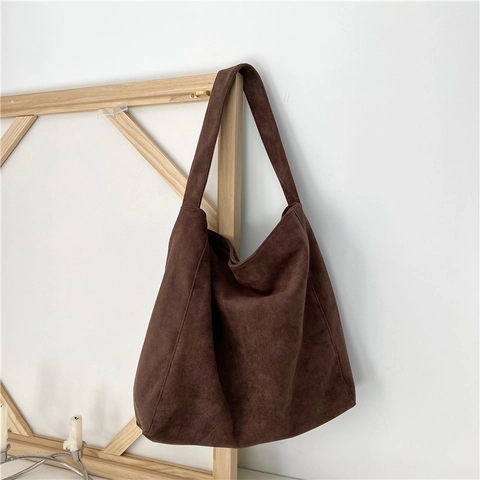 Large Capacity Woolen Suede Hobo Bag Simple Retro Solid Color Women Shoulder Tote Bag With Magnetic Buckle