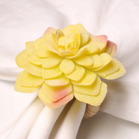 Portatovaglioli Pianta Succulenta Gialla Fiore In Tessuto Floccato Fibbie In Paglia Intrecciata A Mano Per Decorazione Tavola