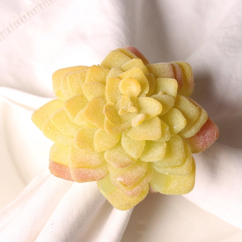 Portatovaglioli Pianta Succulenta Gialla Fiore In Tessuto Floccato Fibbie In Paglia Intrecciata A Mano Per Decorazione Tavola