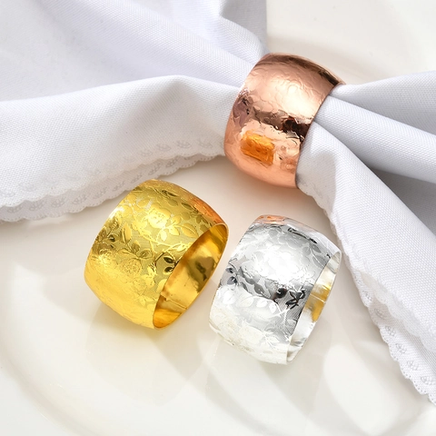 Rose Pattern Drum Shaped Napkin Rings Alloy Metal Floral Embossed Buckles For Wedding Hotel Table Decoration Elegant