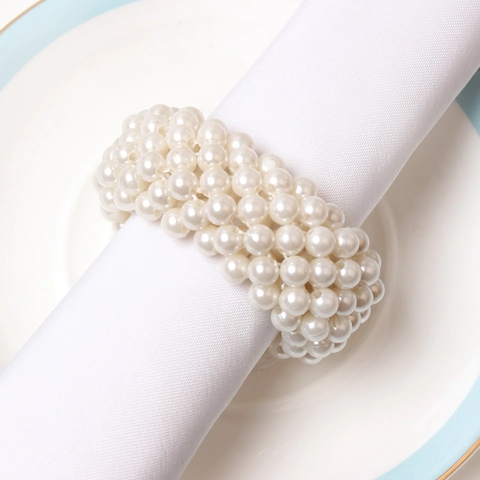 Elegant Braided Artificial Pearl Napkin Rings Elastic Bead Buckle For Wedding Party Dinner Table Decoration White