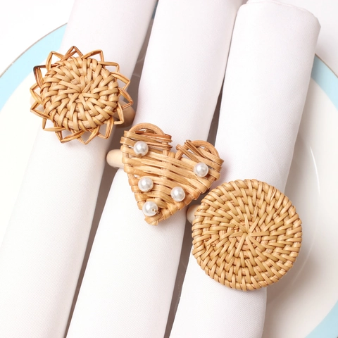 Handwoven Rattan Napkin Rings Natural Straw Heart Sunflower Round Shapes With Artificial Pearls For Table Decor Rustic Style