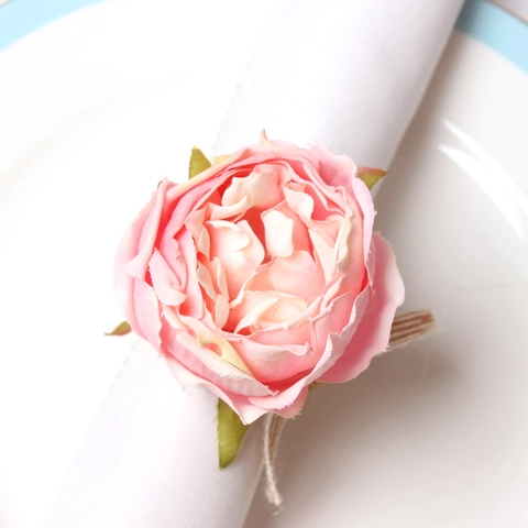 Rond De Serviette Fleur Artificielle Fait Main Satin Rose Pivoine Avec Corde De Jute Pour Mariage Fête Hôtel Décoration De Table Élégant