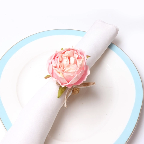Rond De Serviette Fleur Artificielle Fait Main Satin Rose Pivoine Avec Corde De Jute Pour Mariage Fête Hôtel Décoration De Table Élégant