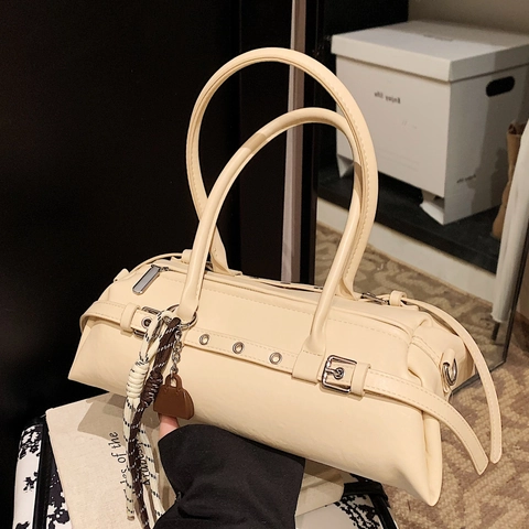 Women Retro PU Leather Baguette Underarm Bag With Braided Rope Silk Scarf Charm Metal Buckle Commuter Shoulder Bowling Bag