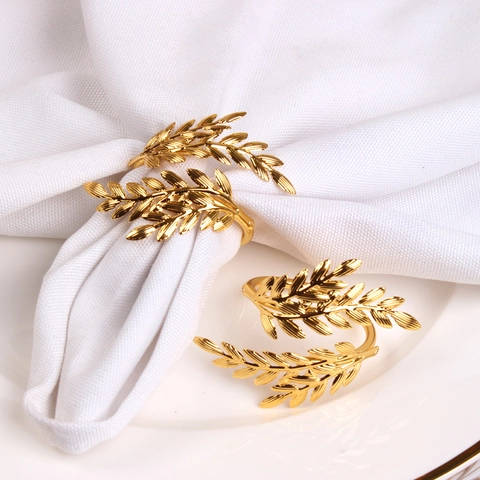 Gold Leaf Napkin Rings Alloy Electroplated Feather Design Table Decoration For Wedding Hotel Party Elegant
