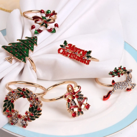 Christmas Napkin Rings Alloy Enamel Rhinestone Tree Reindeer Candy Cane Bell Design Holiday Dining Table Decoration