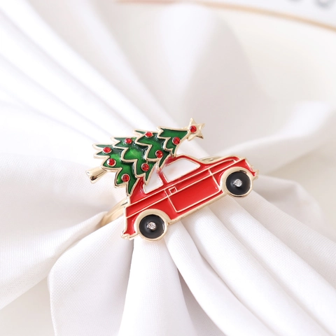 Christmas Tree Car Napkin Rings Alloy Rhinestone Red Vintage Car Napkin Buckles For Festive Table Wedding Banquet Party Decoration