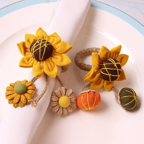 Ronds De Serviette Tournesol Tissu Fait Main Citrouille Feuille Érable Automne Moisson Thanksgiving Décor Table Rustique Jute