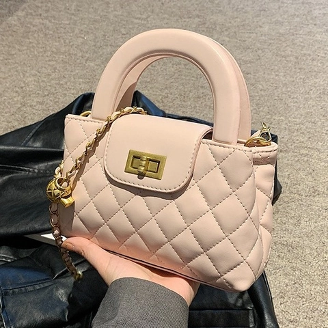 Quilted PU Leather Chain Crossbody Bag With Top Handle Gold Lock Small Square Handbag For Women Elegant Daily
