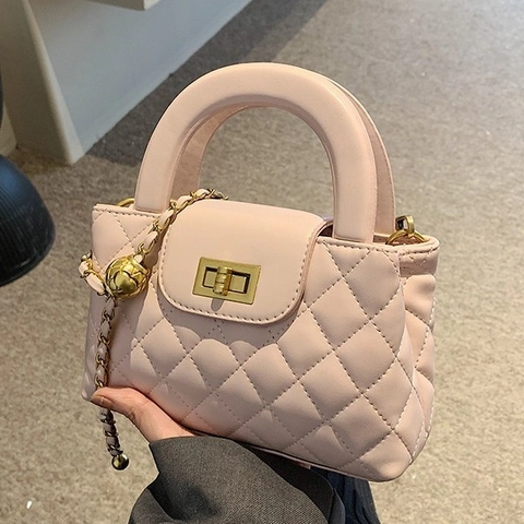 Quilted PU Leather Chain Crossbody Bag With Top Handle Gold Lock Small Square Handbag For Women Elegant Daily