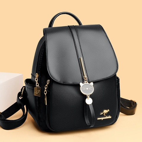 Mode Damen Rucksack PU Leder Litschitextur Große Kapazität Schule Reise Tasche Mit Katzenanhänger Und Goldener Hardware