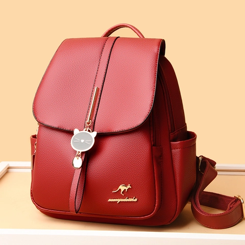 Mode Damen Rucksack PU Leder Litschitextur Große Kapazität Schule Reise Tasche Mit Katzenanhänger Und Goldener Hardware