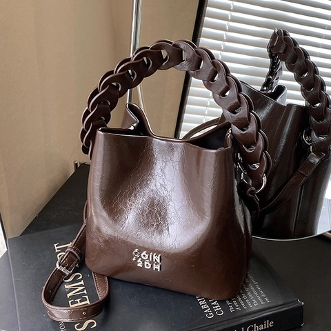 Damen Bucket Bag Glänzendes PU-Leder Dicker Kettengriff Retro Schultertasche Umhängetasche Lässig