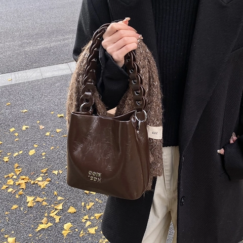 Damen Bucket Bag Glänzendes PU-Leder Dicker Kettengriff Retro Schultertasche Umhängetasche Lässig