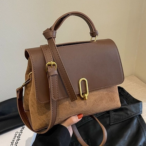 Borsa a Tracolla da Donna Vintage in PU e Camoscio Con Fibbia Dorata Retro Piccola Borsa Quadrata a Mano per Pendolari