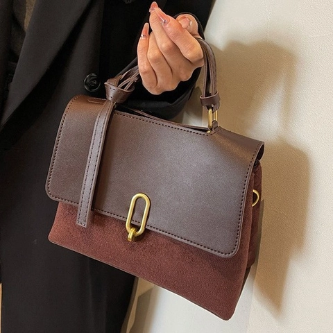 Borsa a Tracolla da Donna Vintage in PU e Camoscio Con Fibbia Dorata Retro Piccola Borsa Quadrata a Mano per Pendolari