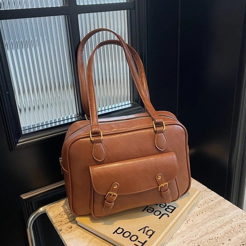 Bolso de Hombro de Cuero PU Vintage para Mujer Mochila Maletín Retro Con Bolsillo de Solapa de Doble Hebilla Asa Superior