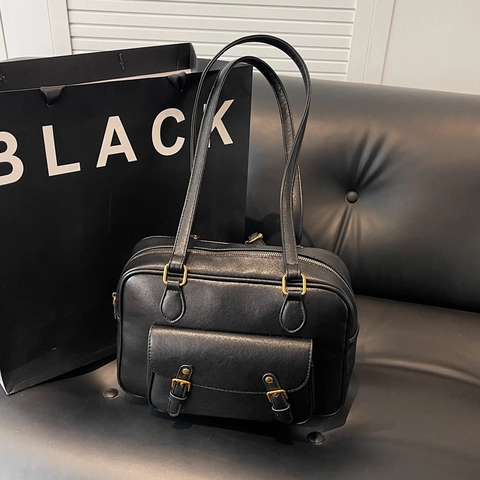 Bolso de Hombro de Cuero PU Vintage para Mujer Mochila Maletín Retro Con Bolsillo de Solapa de Doble Hebilla Asa Superior