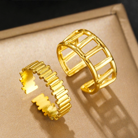 Geometric Hollow Open Rings Vintage Stainless Steel Adjustable Finger Jewelry Minimalist Fashion For Women