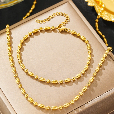 Edelstahl Halskette Und Armband Reisperle Rundperle Vergoldet Minimalistisch Luxus Trendiger Schmuck Damen