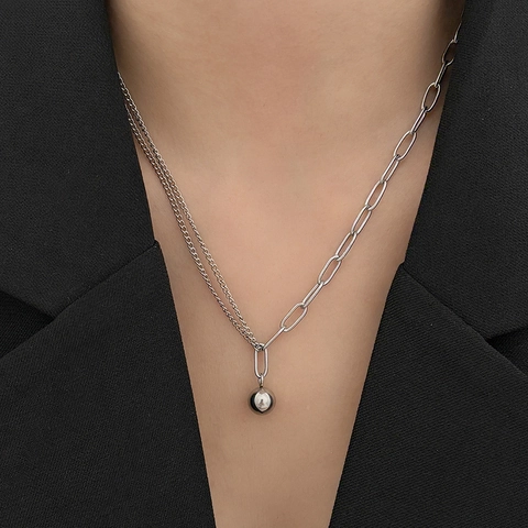 Collana In Acciaio Inossidabile Catena A Graffetta Asimmetrica Ciondolo A Sfera Gioielli Da Clavicola Industriali Minimalisti