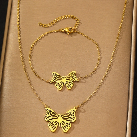 Collana E Bracciale In Acciaio Inossidabile Con Farfalla Traforata Elegante Ciondolo Animale In Filigrana Placcata Oro