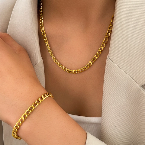 Edelstahl Halskette Und Armband Vergoldet Panzerkette Kubanische Gliederkette Minimalistischer Modeschmuck Für Damen