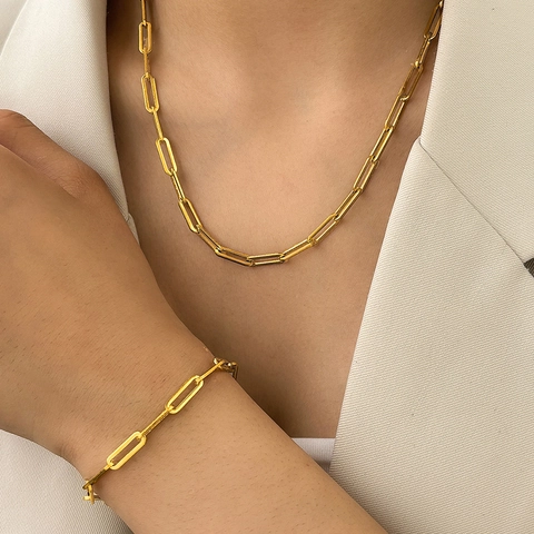 Paperclip Kette Halskette Und Armband Edelstahl Vergoldet Minimalistisch Hohl Unisex Accessoire