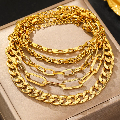 Vintage Chunky Chain Bracelets Stainless Steel Geometric Cuban Paperclip Rope Design Adjustable Fashion Jewelry Women Men