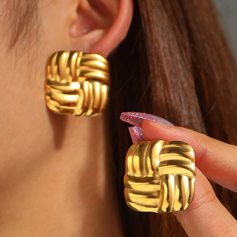 Stainless Steel Square Stud Earrings Woven Texture Geometric Retro Style Fashion Accessories For Women