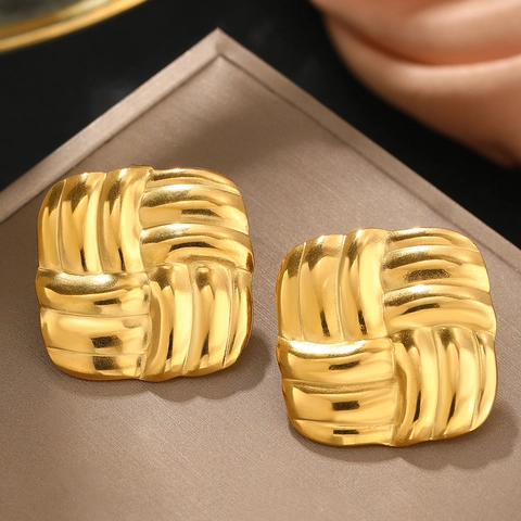 Stainless Steel Square Stud Earrings Woven Texture Geometric Retro Style Fashion Accessories For Women