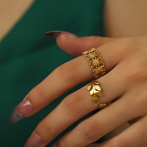 Stainless Steel Flower Leaf Hollow Open Ring Adjustable Minimalist Fashion Jewelry For Women