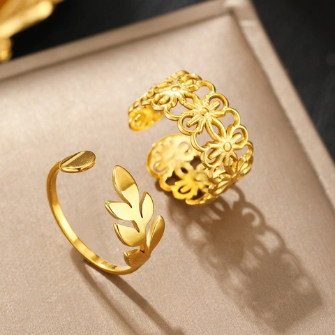 Stainless Steel Flower Leaf Hollow Open Ring Adjustable Minimalist Fashion Jewelry For Women