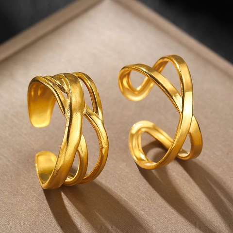 Criss Cross Stainless Steel Open Ring For Women Minimalist Adjustable Geometric Line Ring Hip Hop Fashion Jewelry Finger Ring