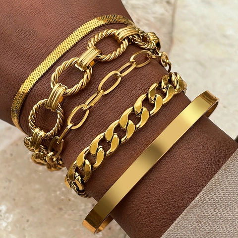 Stainless Steel Bracelet Bangle Jewelry Snake Cuban Paperclip Twisted Link Chain And Smooth Open Cuff For Women Men