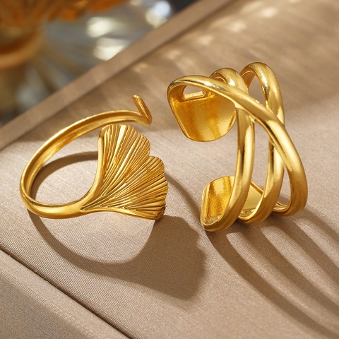 Ginkgo Leaf And Cross Layered Geometric Adjustable Rings Stainless Steel 18K Gold Plated French Retro Minimalist Jewelry