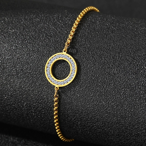 Holle Ronde Ring Bedelarmband Roestvrij Staal Zirkonia Pavé Verstelbare Doos Ketting Schuifsluiting Mode Sieraden