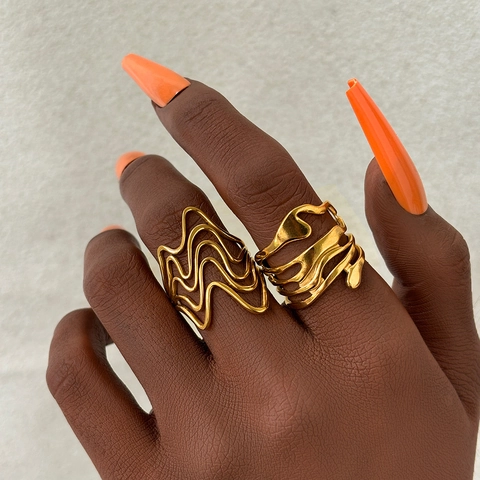 Minimalist Stainless Steel Open Rings Irregular Lava Wave Hollow Adjustable Geometric Jewelry Women