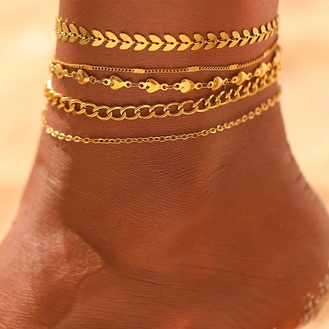 Bohemian Edelstahl Fußkettchen Mehrlagig Herz Blatt Panzerkette Fußketten Strand Mode Schmuck Damen