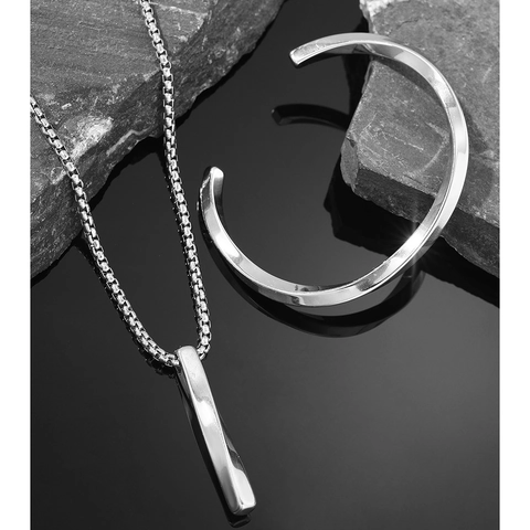 Minimalist Stainless Steel Twisted Rectangular Pendant Necklace And Open Cuff Bangle Jewelry Geometric Hip Hop Style