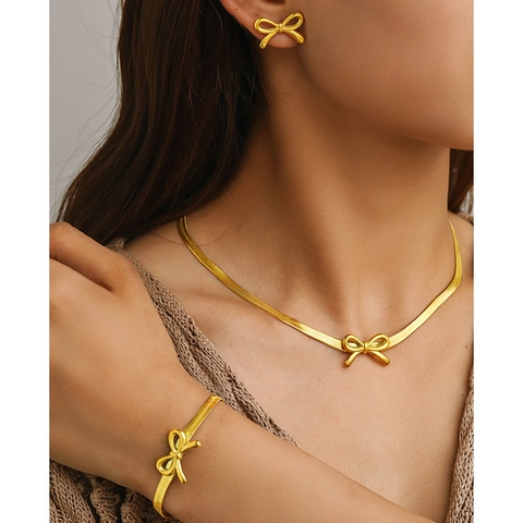 Bowknot Stainless Steel Jewelry Necklace Bracelet Stud Earrings Herringbone Snake Chain Minimalist Elegant For Women