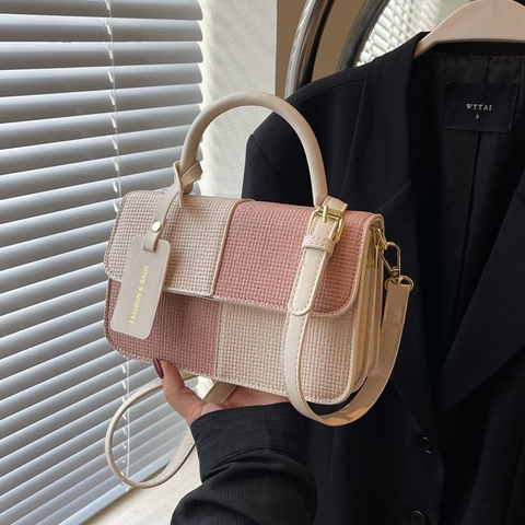 Borsa A Tracolla Retro Blocchi Di Colore Trama Intrecciata Pelle PU Moda Minimalista Borsa Da Mano Donna
