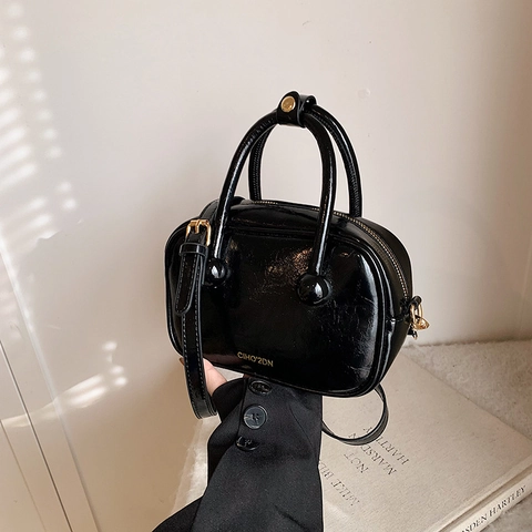 Retro Glanzende PU Leren Handtas Met Gouden Hardware Dubbele Handvatten Verstelbare Riem Elegante Schoudertas Voor Dames